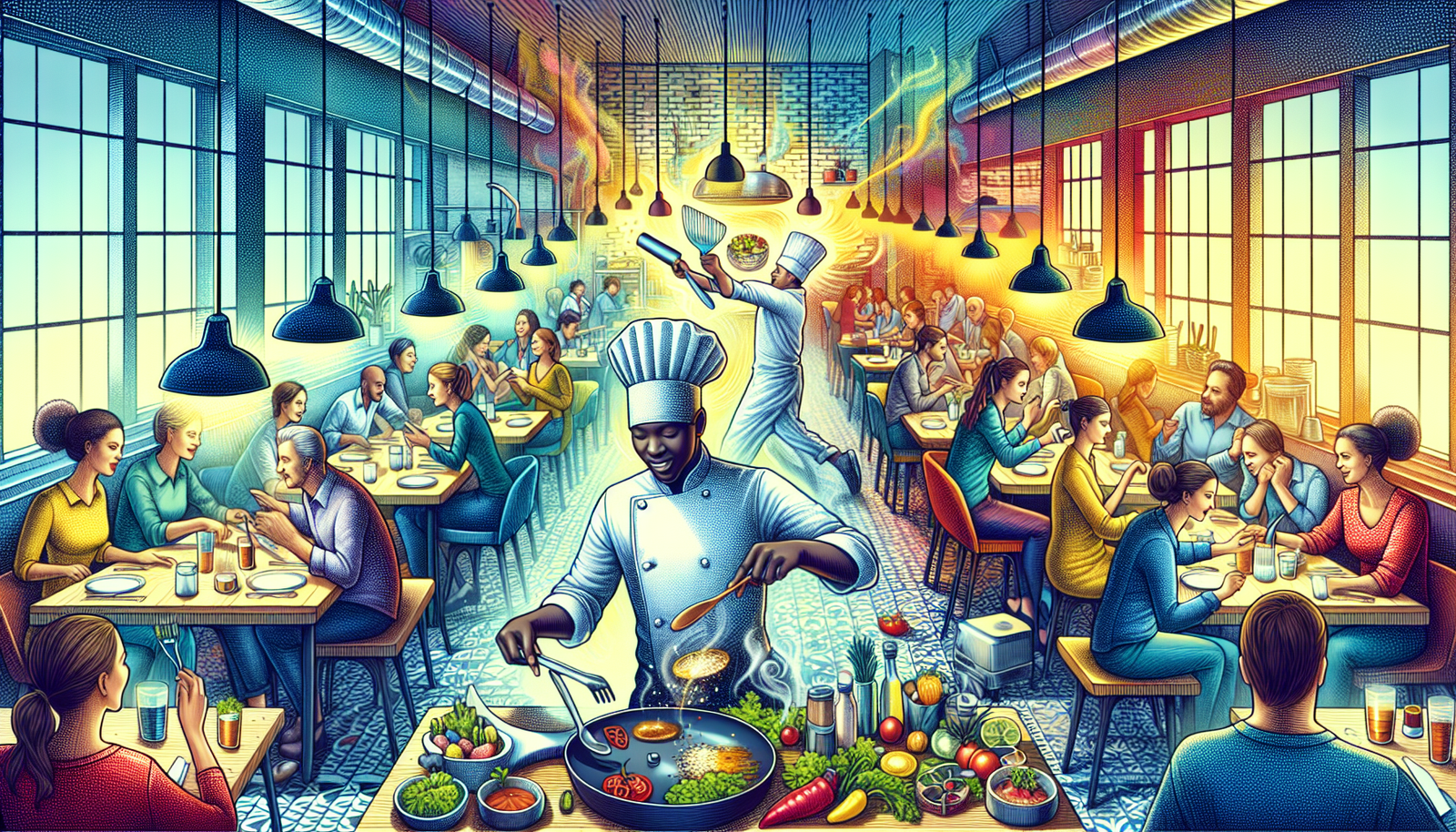 Illustration of a restaurant with a chef and customers